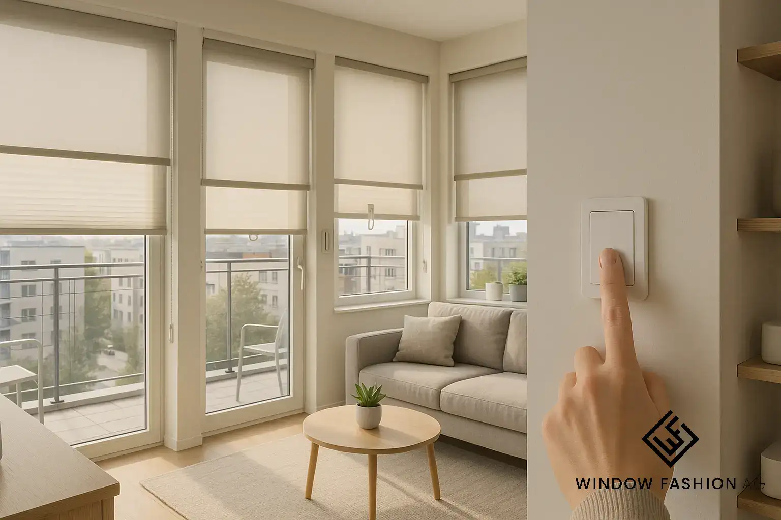 Bedienkomfort und Smart Home mit Griff, Kettenzug, Federzug und smarter Steuerung für synchronisierte Beschattung Smart Home Bedienkomfort Rollos Griff Kettenzug Federzug manuelle Notbedienung synchronisierte Beschattung Süd- und Westfenster Astrozeiten Helligkeitssensor Wandschalter