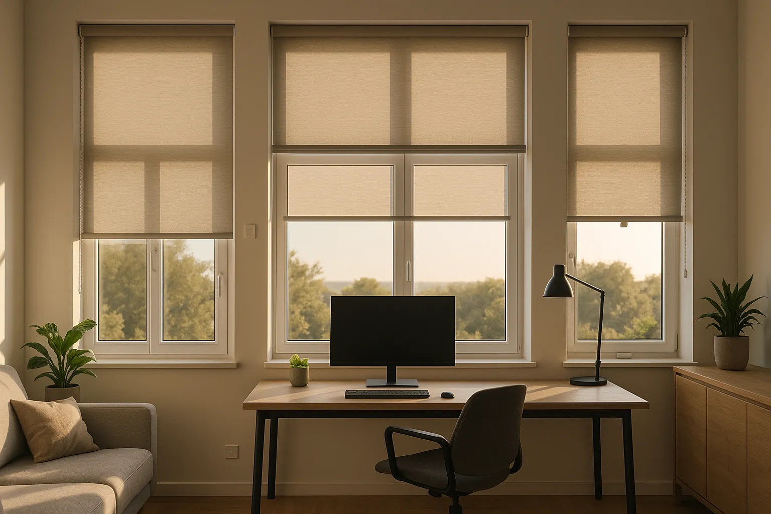 Bedienkomfort und Smart Home für Rollos mit Griff, Kettenzug, Federzug, Sensoren, Szenen und Zeitplänen Smart Home Rollo Bedienkomfort im Homeoffice mit mehreren Fensterachsen: Griff, Kettenzug, Federzug und Motor, automatische Verschattung durch Helligkeits- und Temperatursensoren, Gruppensteuerung, blendfreier Arbeitsplatz