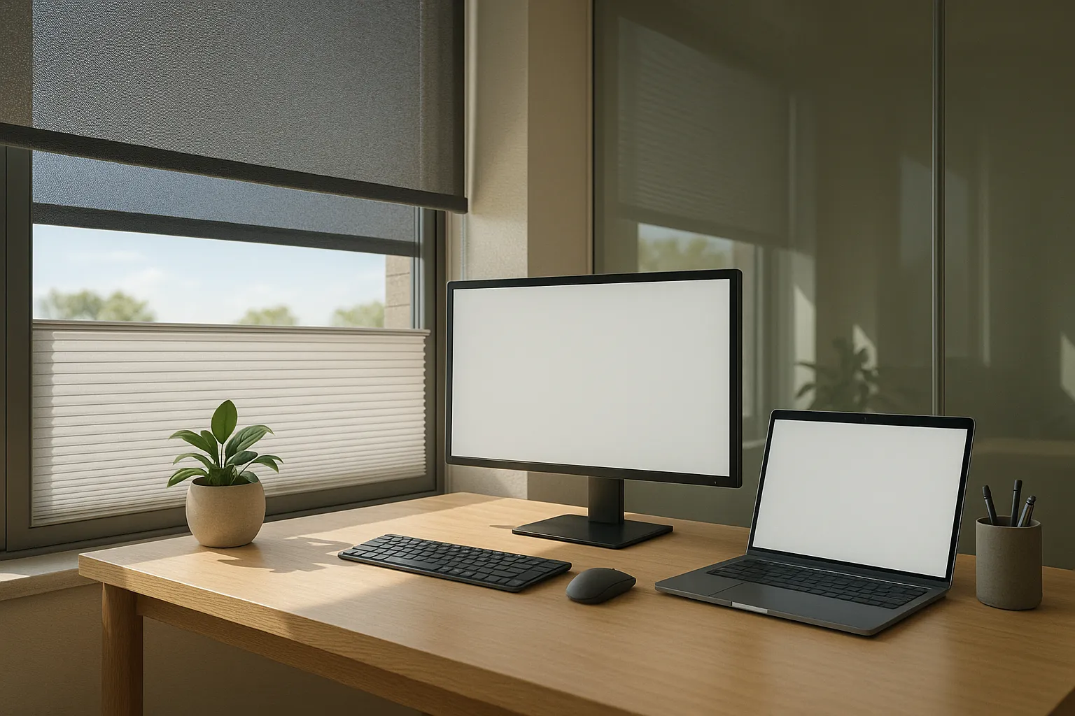 Blendschutz und Sonnenschutz im Arbeitsbereich mit Screen-Rollo und Plissee, UV-Schutz, Hitzeschutz, Reflexionsminderung Sicht- und Sonnenschutz am Arbeitsplatz mit Screen-Rollo und unterem Plissee, Blendschutz gegen direkte Sonne und Reflexe, UV- und Hitzeschutz, lesbarer Monitor, Ausblick nach außen