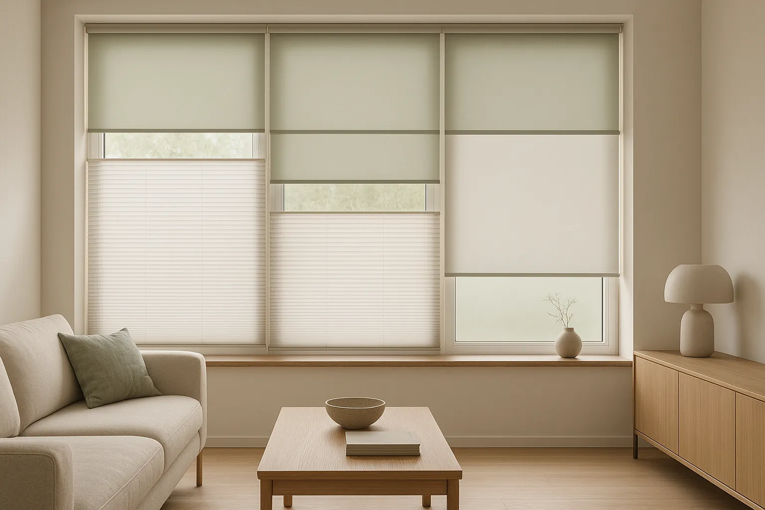 Minimalistische Fensterfront mit kombinierter Plissee- und Rollo-Lösung in harmonischen Farbtönen