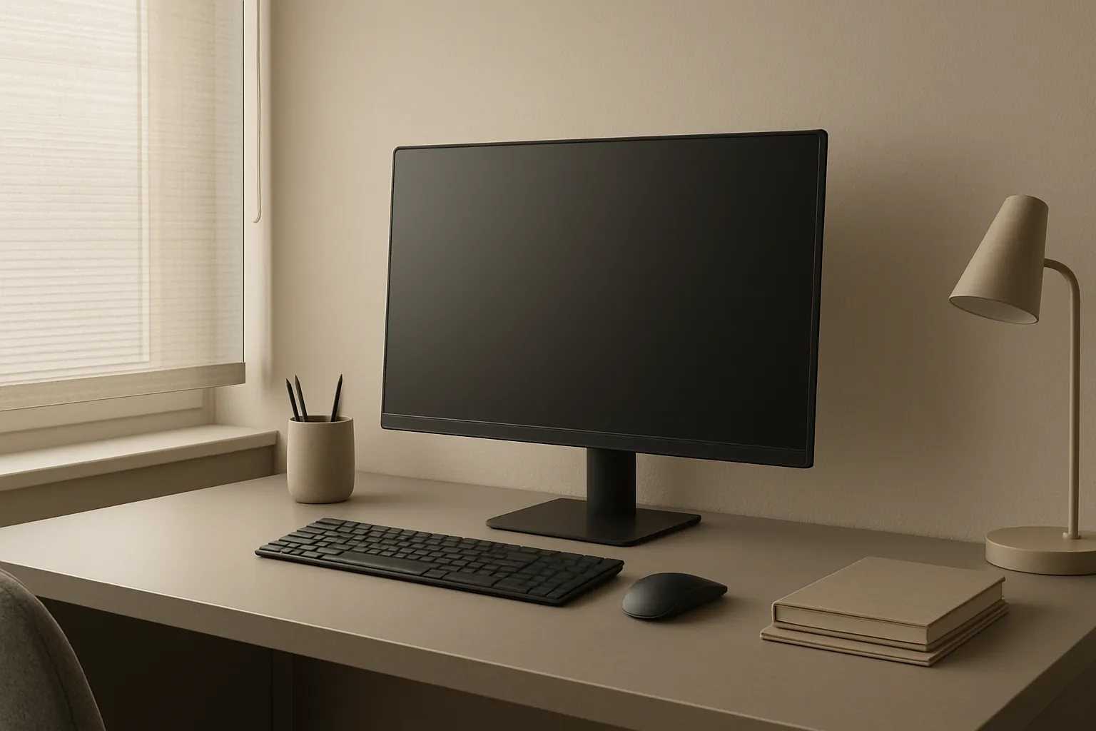 Homeoffice mit neutralen, glatten Rollos und fein strukturierten Plissees