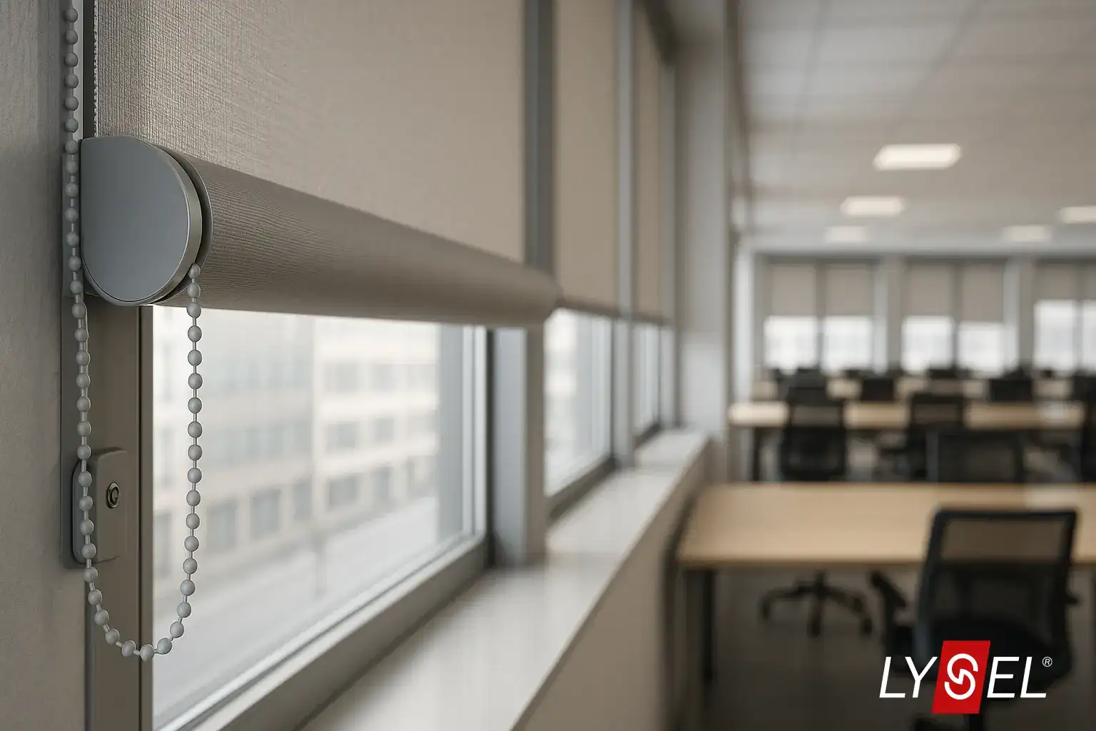 Kettenzug Rollo mit präziser Bedienung und sicherer Kettenführung im Büro Kettenzug Rollo im modernen Büro mit sauberer Kettenführung, Kettenspanner und sicherer Abdeckung; mehrere Rollos auf identischen Zwischenpositionen für gleichmäßigen Lichteinfall; rutschfeste Antriebsrolle, leiser Betrieb, Smart-Home Integration dezent angedeutet