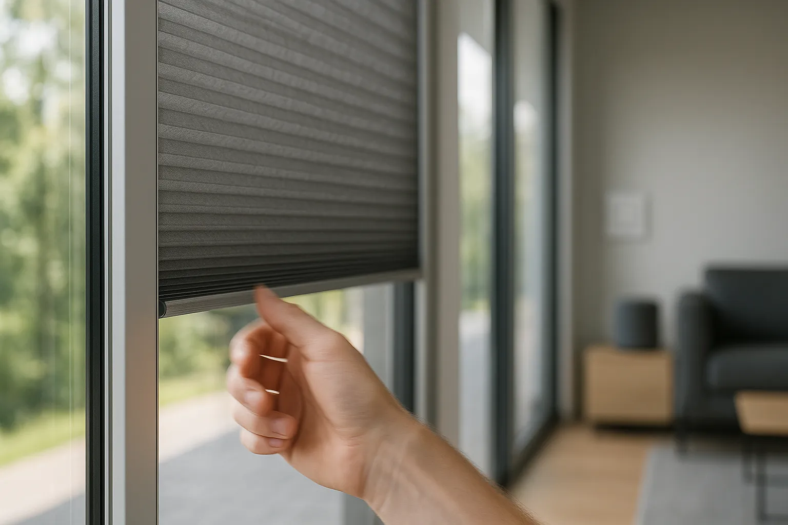 Plissee Federzug mit einhändiger Bedienung und Smart Home Steuerung Plissee mit Federzug, einhändige Bedienung, geführte Schienen, Smart-Home-Steuerung im Hintergrund, hoher Bedienkomfort, kalibrierte Federkraft