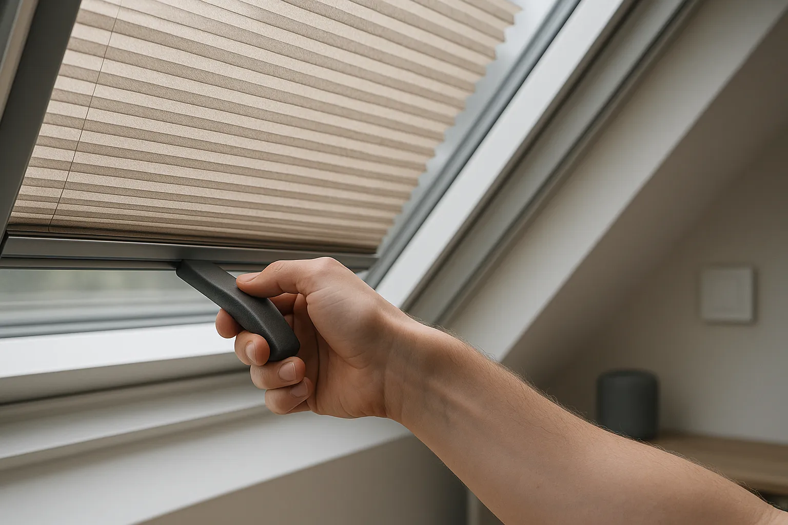 Plissee Griffbedienung am Dachfenster – ergonomisch, leise, kindersicher, präzise Lichtsteuerung, Smart Home Hand bedient Plissee mit Griff an Dachfenster mit seitlichen Führungsschienen, leise Bedienung, präzise Lichtlenkung, kindersicher ohne Schnüre, dezentes Smart Home im Hintergrund