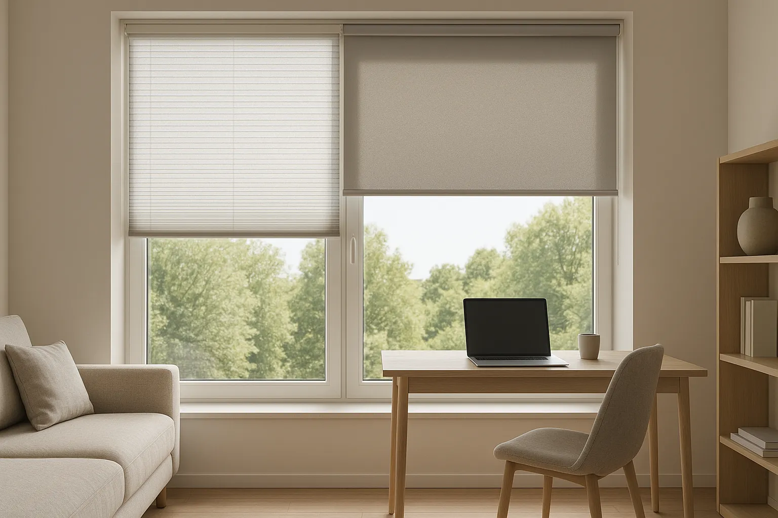 Plissee und Rollo – UV-, Blend- und Hitzeschutz im Wohn- und Arbeitsbereich Sicht- und Sonnenschutz mit Plissee und Rollo im Homeoffice für UV-Schutz, Blendschutz und Hitzeschutz