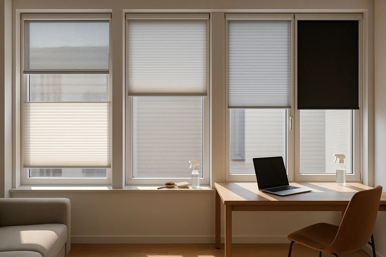 Minimalistisches Interieur mit kombiniertem Plissee und Rollo an einer großen Fensterfront