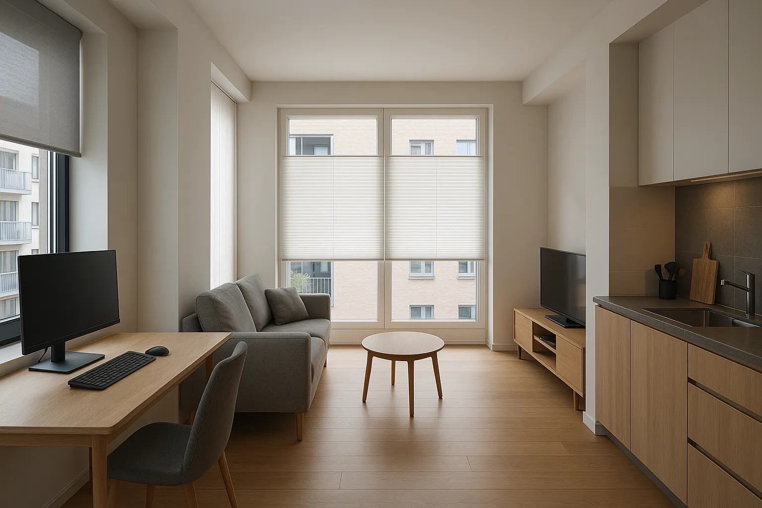 Schreibtisch am Fenster mit blendfreiem Licht dank Rollo
