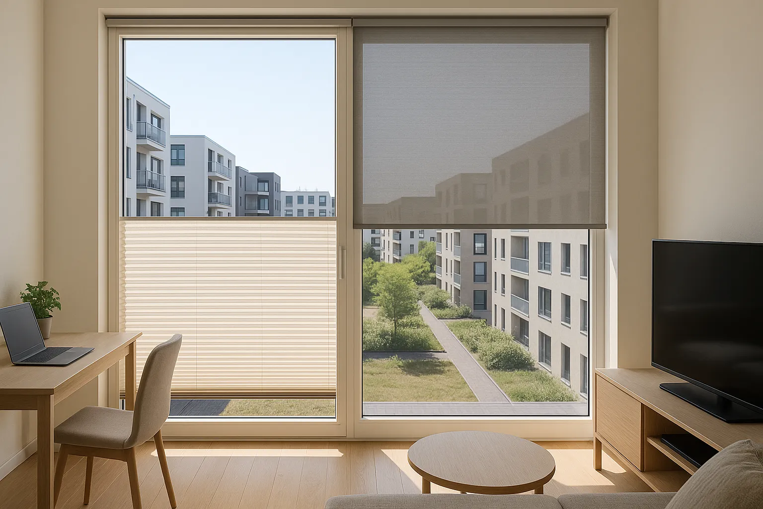 Homeoffice mit Screen-Rollo zur Reduktion von Reflexionen