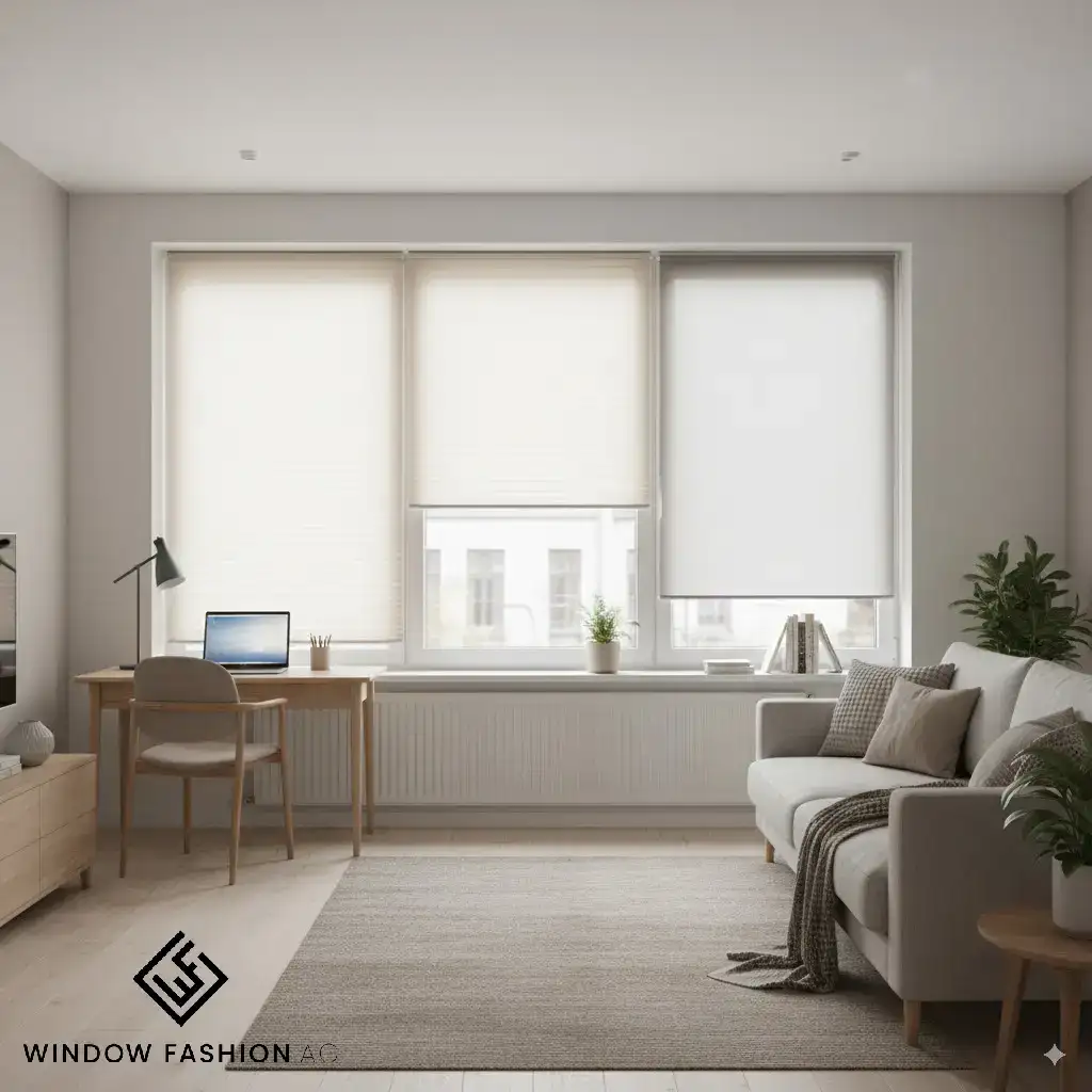 Wohnzimmer mit halbtransparentem Plissee für Sichtschutz am Tag