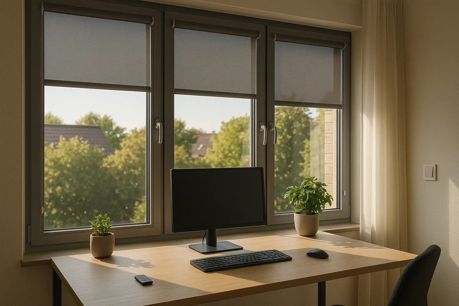 Montage und Bedienung von Sicht- und Sonnenschutz mit seitlicher Führung und segmentierten Rollos im Wohn- und Arbeitsbereich Sicht- und Sonnenschutz im Wohn- und Arbeitsbereich mit direkt auf dem Fensterflügel montierten, seitlich geführten, segmentierten Rollos in Grundstellung, blendfreier Arbeitsplatz mit Monitor, UV-, Blend- und Hitzeschutz, zusätzlicher transparenter Vorhang und intuitive Bedienung per Kettenzug und Wandtaster