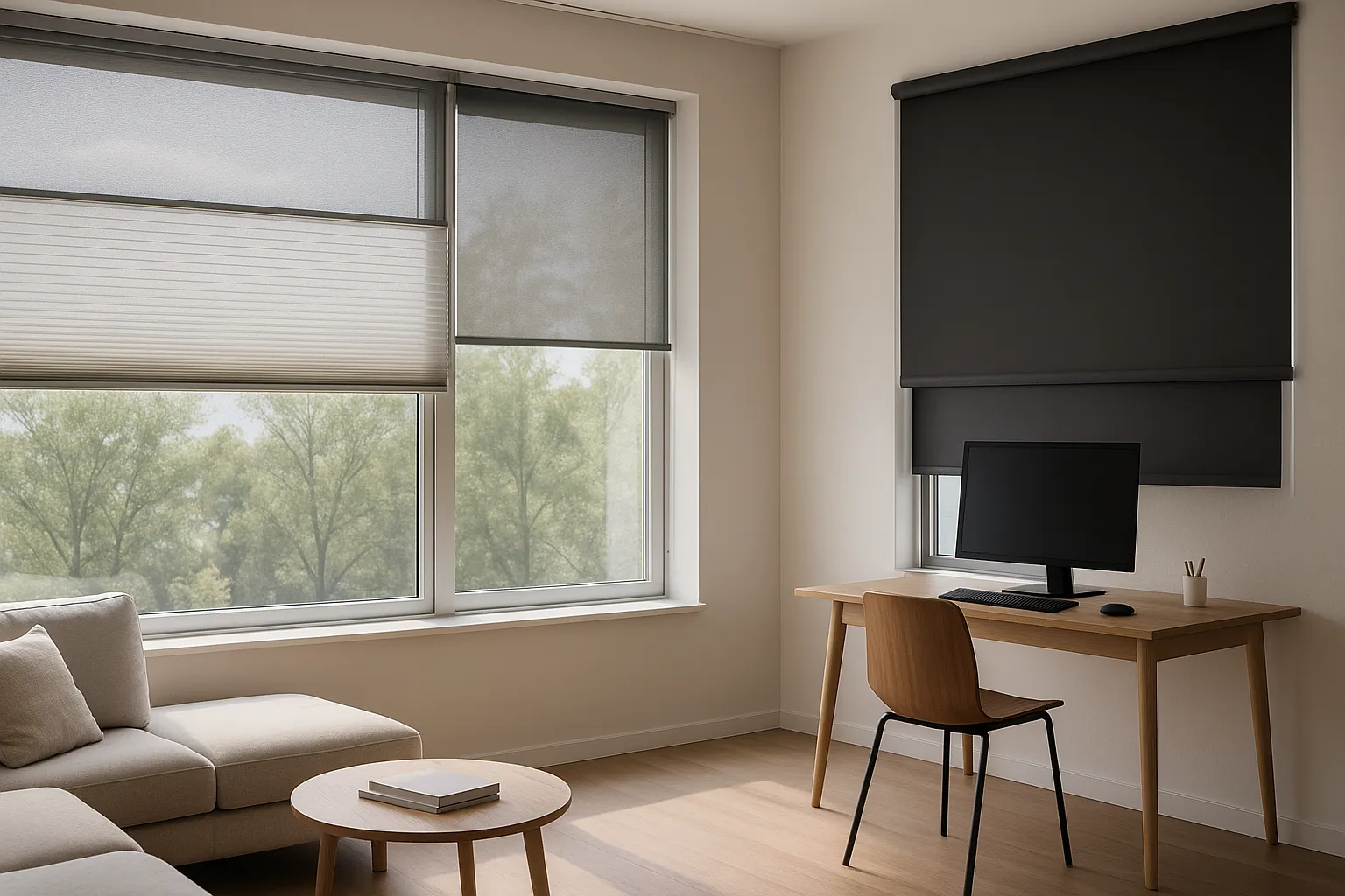 Sicht- und Sonnenschutz mit Plissee und Rollo – UV-, Blend- und Hitzeschutz im Wohn- und Arbeitsbereich Sicht- und Sonnenschutz mit Plissee und Rollo im Wohn- und Arbeitsbereich, UV-Schutz, Blendschutz und Hitzeschutz an großer Fensterfront, Duette Wabenplissee mit Tageslichtmodulation und Screen-Rollo mit Außenblick, zusätzliche Verdunkelungsoption
