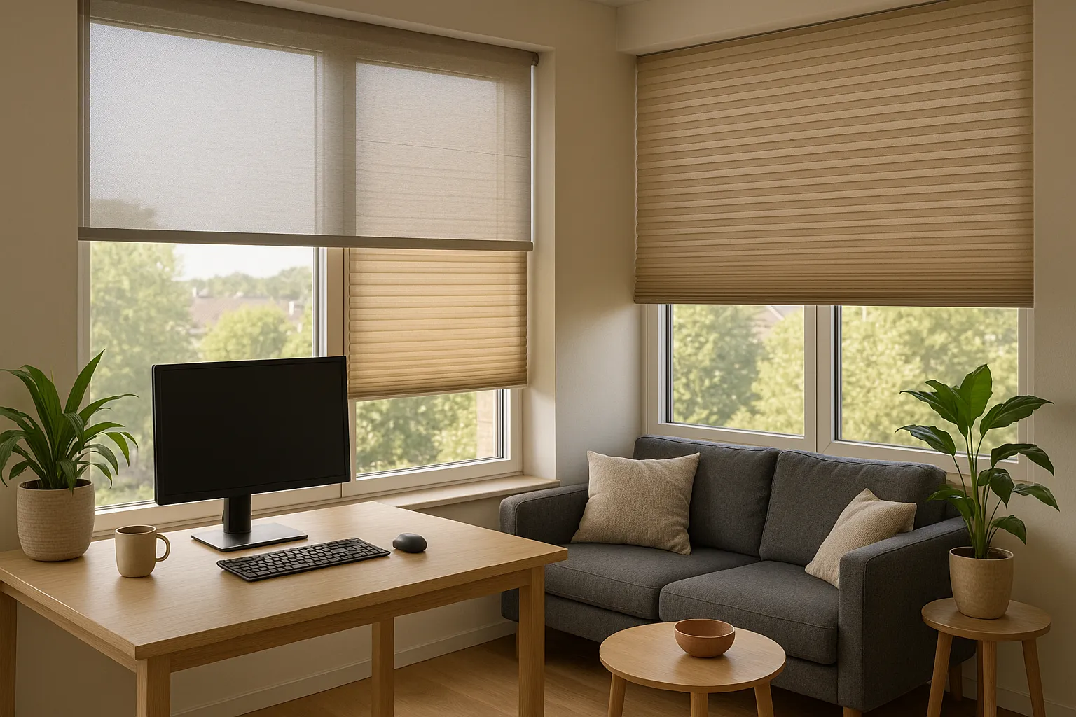 Sicht- und Sonnenschutz im Innenraum: UV-, Blend- und Hitzeschutz mit Screen-Gewebe und Plissee Wohn- und Arbeitsbereich mit Fenster, hellem Screen-Rollo (1–3 % Offenheitsgrad) und warmem Plissee; diffuses Tageslicht reduziert UV, Blendung und Hitze; weiche Schatten und natürliche Farben für angenehmes Raumklima.