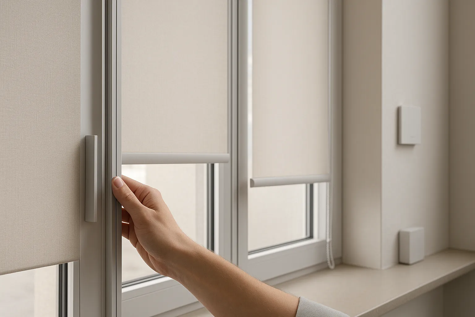Bedienkomfort und Smart Home Steuerung für Beschattung: Griff, Kettenzug, Federzug, präzise Führung und klare Kanten Bedienkomfort Smart Home Beschattung mit Griff, Kettenzug und Federzug, präzise Führungsschienen, matte Oberflächen, strukturierte Griffe, klare Kanten, manuelle und smarte Steuerung in moderner Architektur